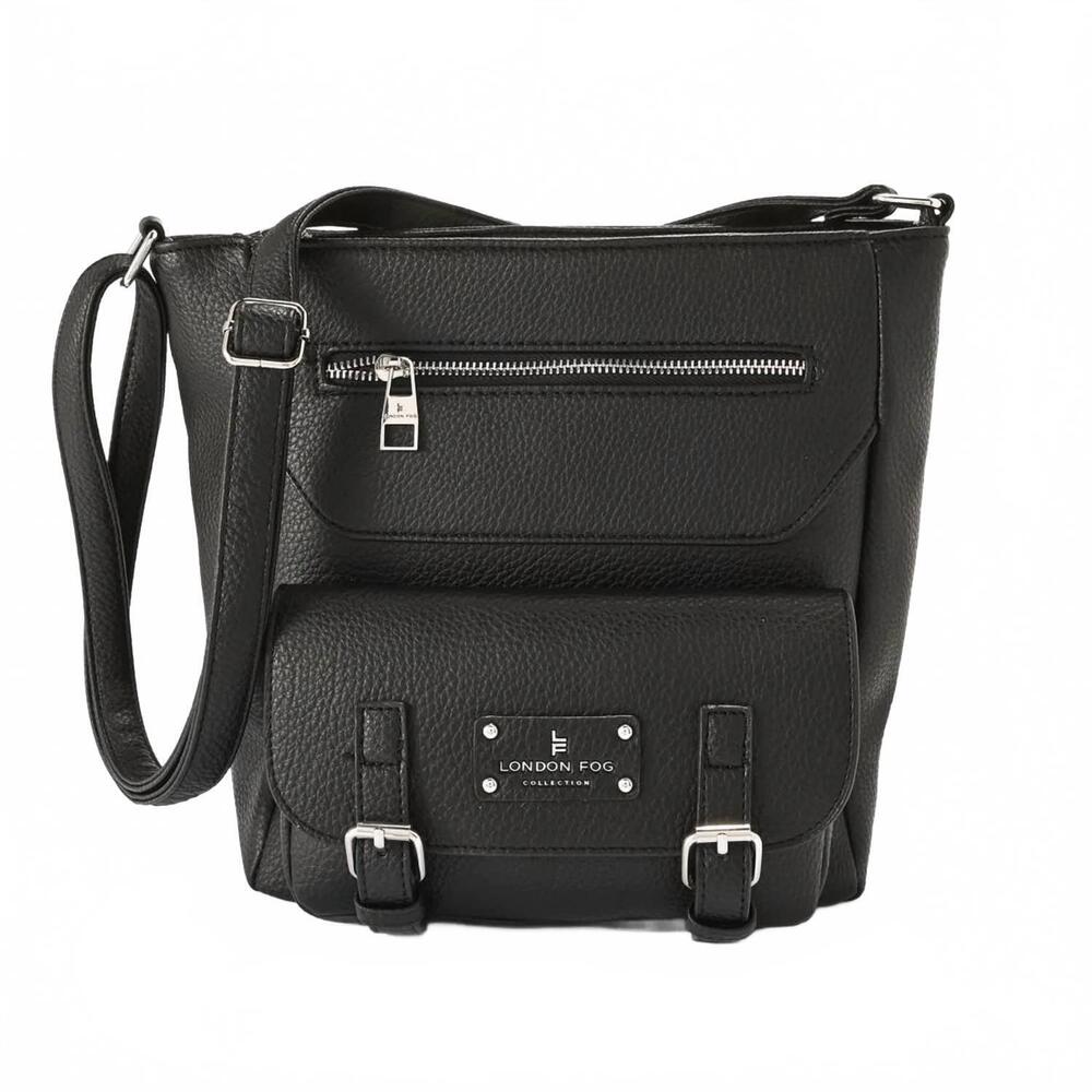 NEW LONDON FOG women's stacey multi compartment bucket bag in black